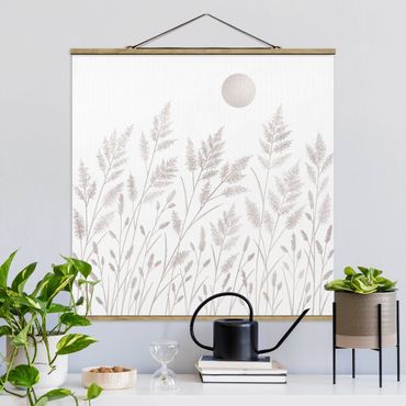 Foto su tessuto da parete con bastone - Erbe e luna in argento
