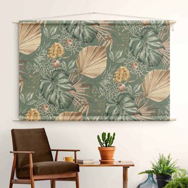 Arazzo da parete - Grandi foglie con rose su sfondo verde