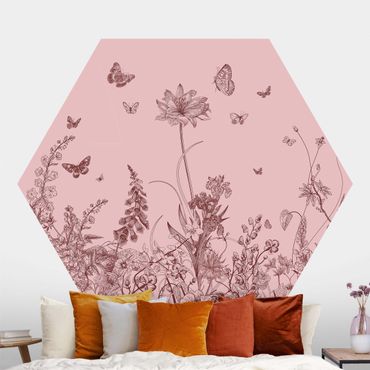 Carta da parati esagonale adesiva con disegni - Fiori grandi con farfalle su sfondo rosa
