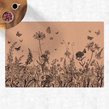Tappetino di sughero - Grandi fiori con farfalle in nero - Formato orizzontale 3:2
