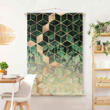Arazzo da parete - Foglie verdi in geometria dorata