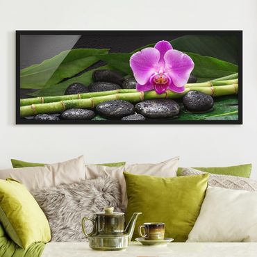 Poster con cornice - Bambù verde con fioritura di orchidee