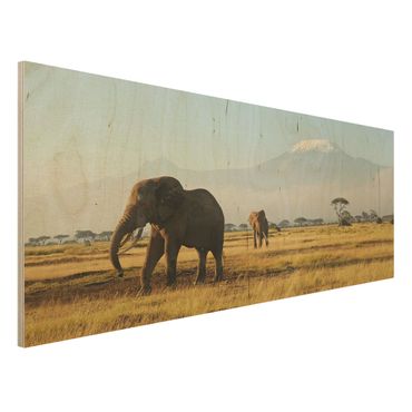Quadro in legno - Elephants in front of the Kilimanjaro in Kenya - Panoramico