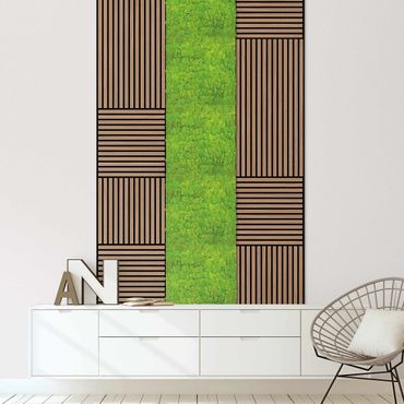 Pannelli fonoassorbenti e pannelli di muschio - Parete in legno rovere scuro e parete di muschio verde mela - Collage a parete