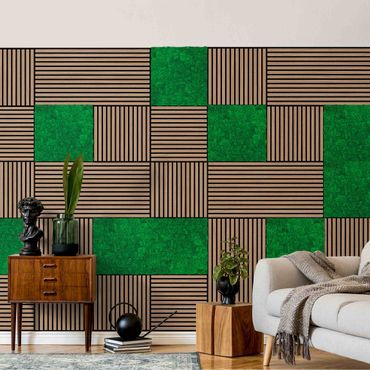 Pannelli fonoassorbenti e pannelli di muschio - Parete in legno rovere scuro e parete di muschio verde abete - Collage a parete