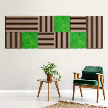 Pannelli fonoassorbenti e pannelli di muschio - Parete in legno rovere scuro e parete di muschio verde erba - Collage a parete