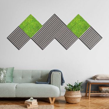 Pannelli fonoassorbenti e pannelli di muschio - Parete in legno rovere grigio e parete di muschio verde mela - Collage a parete