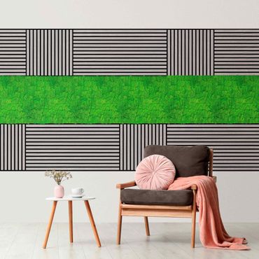 Pannelli fonoassorbenti e pannelli di muschio - Parete in legno rovere grigio e parete di muschio verde erba - Collage a parete