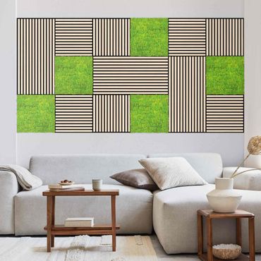 Pannelli fonoassorbenti e pannelli di muschio - Parete in legno rovere chiaro e parete di muschio verde mela - Collage a parete