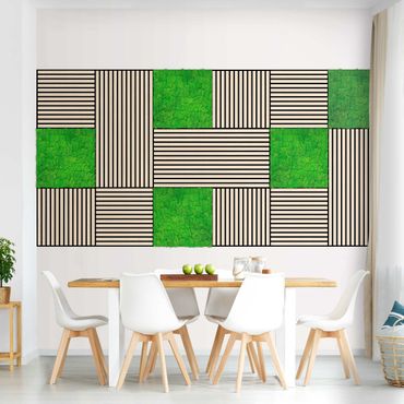 Pannelli fonoassorbenti e pannelli di muschio - Parete in legno rovere chiaro e parete di muschio verde erba - Collage a parete