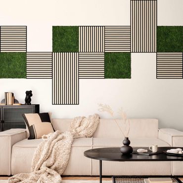 Pannelli fonoassorbenti e pannelli di muschio - Parete in legno rovere chiaro e parete di muschio verde oliva - Collage a parete
