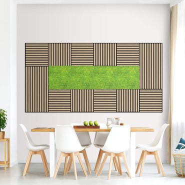 Pannelli fonoassorbenti e pannelli di muschio - Parete in legno rovere naturale e parete di muschio verde mela - Collage a parete