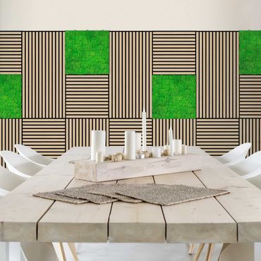 Pannelli fonoassorbenti e pannelli di muschio - Parete in legno rovere naturale e parete di muschio verde erba - Collage a parete