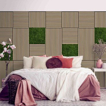 Pannelli fonoassorbenti e pannelli di muschio - Parete in legno rovere naturale e parete di muschio verde oliva - Collage a parete