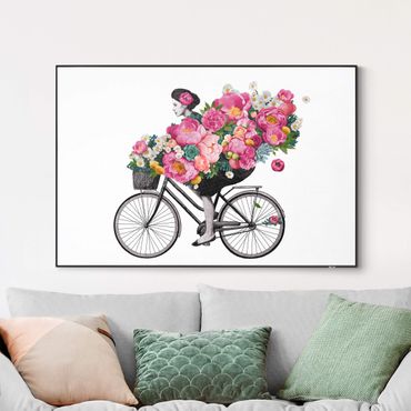 Quadro intercambiabile con frame tessuto in tensione - Illustrazione di donna in bici collage di fiori colorati