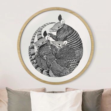 Quadro rotondo incorniciato - Illustrazione di armadillo con fantasia in bianco e nero