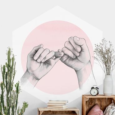 Carta da parati esagonale adesiva con disegni - Illustrazione di amicizia con mani su cerchio rosa e su bianco