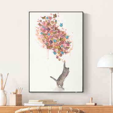 Quadro fonoassorbente intercambiabile con frame tessuto in tensione - Illustrazione gatto dipinto con farfalle colorate