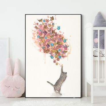 Quadro intercambiabile con frame tessuto in tensione - Illustrazione gatto dipinto con farfalle colorate