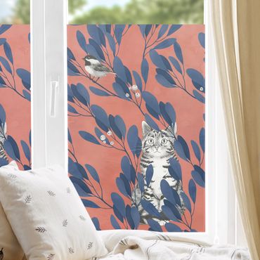 Decorazione per finestre - Illustrazione pittura gatto e uccellino sul ramo blu e rosso