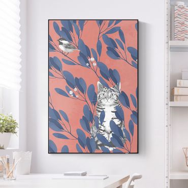 Quadro fonoassorbente intercambiabile con frame tessuto in tensione - Illustrazione pittura gatto e uccellino sul ramo blu e rosso