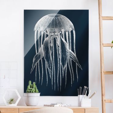 Quadro in vetro - Illustrazione di medusa su blu - Formato verticale