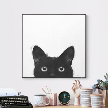 Quadro intercambiabile con frame tessuto in tensione - Illustrazione pittura gatto nero su bianco