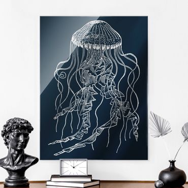 Quadro in vetro - Illustrazione di medusa danzante su blu - Formato verticale