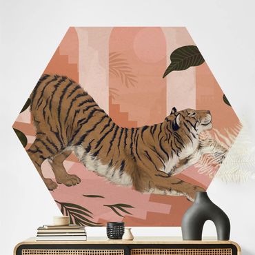 Carta da parati esagonale adesiva con disegni - Illustrazione pittorica di tigre in pastello rosa