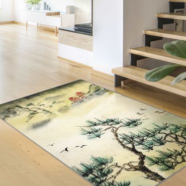 Tappeti  - Disegno giapponese in acquerello di pino e villaggio di montagna