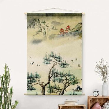 Arazzo da parete - Disegno giapponese in acquerello di pino e villaggio di montagna