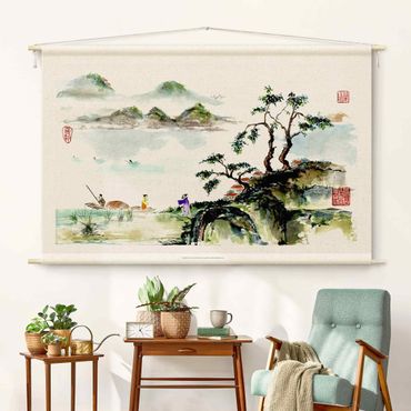 Arazzo da parete - Disegno giapponese ad aquerello lago e montagne
