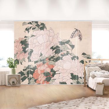 Tenda scorrevole set - Katsushika Hokusai - Peonie rosa con farfalle - Pannello