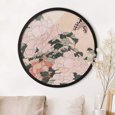 Quadro rotondo incorniciato - Katsushika Hokusai - Peonie rosa con farfalle