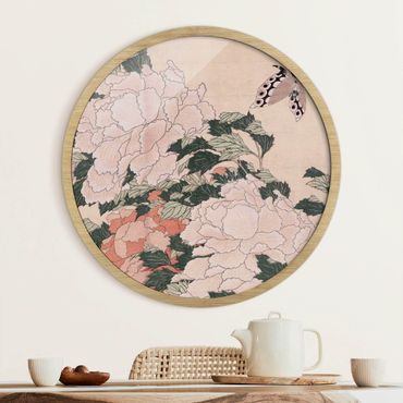 Quadro rotondo incorniciato - Katsushika Hokusai - Peonie rosa con farfalle
