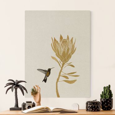 Quadro su tela naturale - Colibrì e fiore tropicale dorato - Formato verticale 3:4