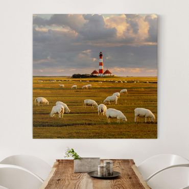Stampa su tela - North Sea Lighthouse With Sheep Herd - Quadrato 1:1