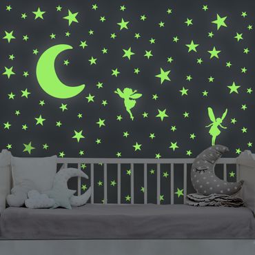 Adesivi murali fluorescenti - set per tatuaggi murali luna con elfi afterglow