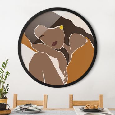 Quadro rotondo incorniciato - Line Art donna in marrone e beige