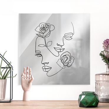 Quadro in vetro - Line Art volti femminili e rose in bianco e nero - Quadrato