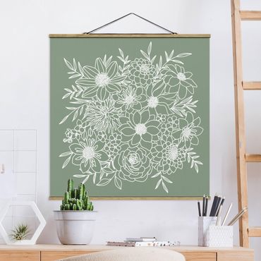 Foto su tessuto da parete con bastone - Line art fiori in verde