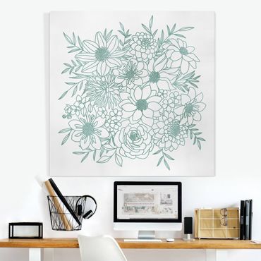 Stampa su tela - Line art fiori in verde metallico