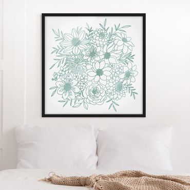 Poster con cornice - Line art fiori in verde metallico