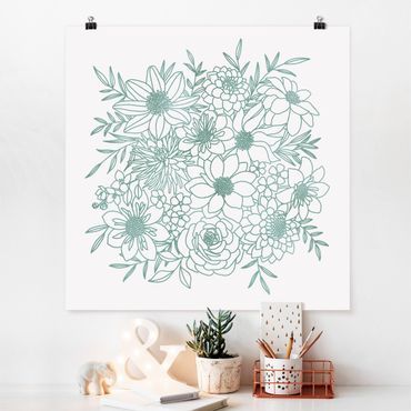 Poster riproduzione - Line art fiori in verde metallico - 1:1