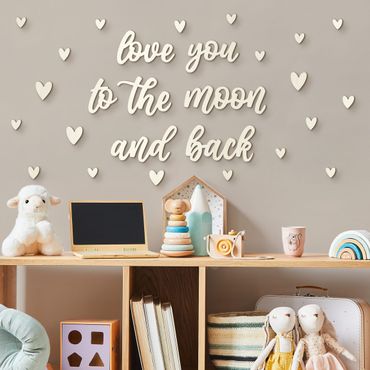 Decorazione da parete in legno scritte 3D - Love you to the moon - Cuori