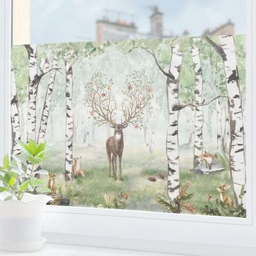Decorazione per finestre - Maestoso cervo nella foresta di betulle