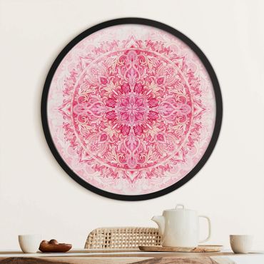 Quadro rotondo incorniciato - Ornamento mandala in acquerello pink