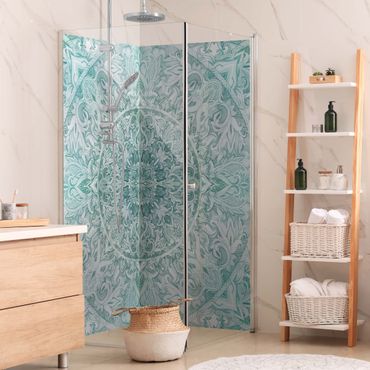 Rivestimento per doccia - Ornamento mandala con trama in acquerello turchese