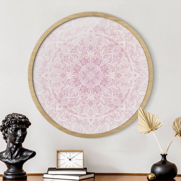 Quadro rotondo incorniciato - Ornamento mandala in acquerello rosa