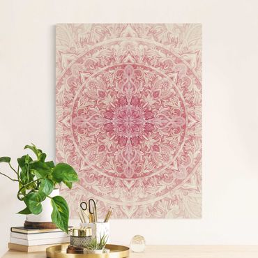 Quadro su tela naturale - Ornamento di sole mandala in acquerello rosa - Formato verticale 3:4